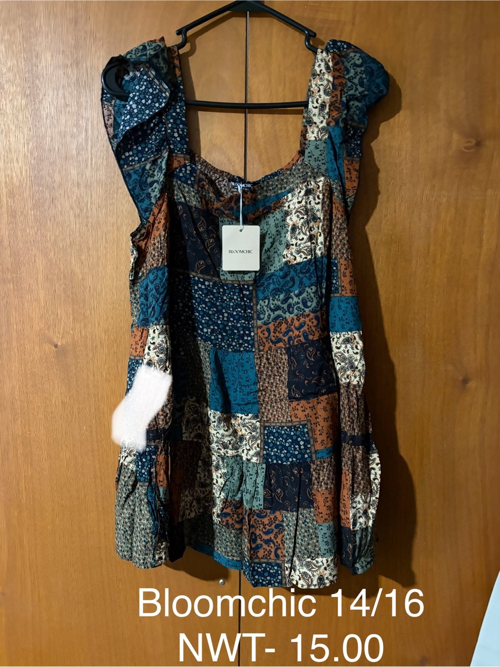 BloomChic Patchwork Ruffle Strap Tunic in Teal, Brown & Cream